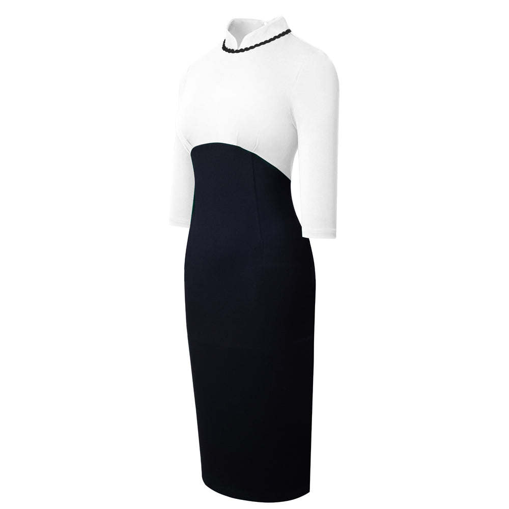 BamBam Women Elegant Round Neck Zip Colorblock Bodycon Dress - BamBam