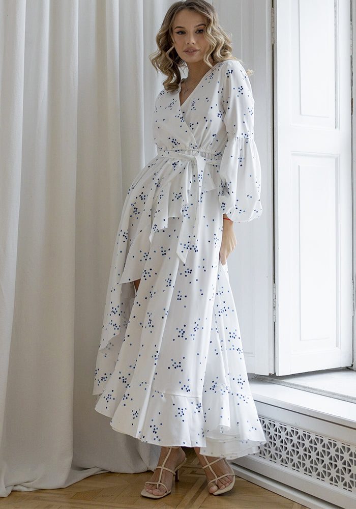 Lantern Sleeve Polka Dot Slim Waist Ruffled Long Dress