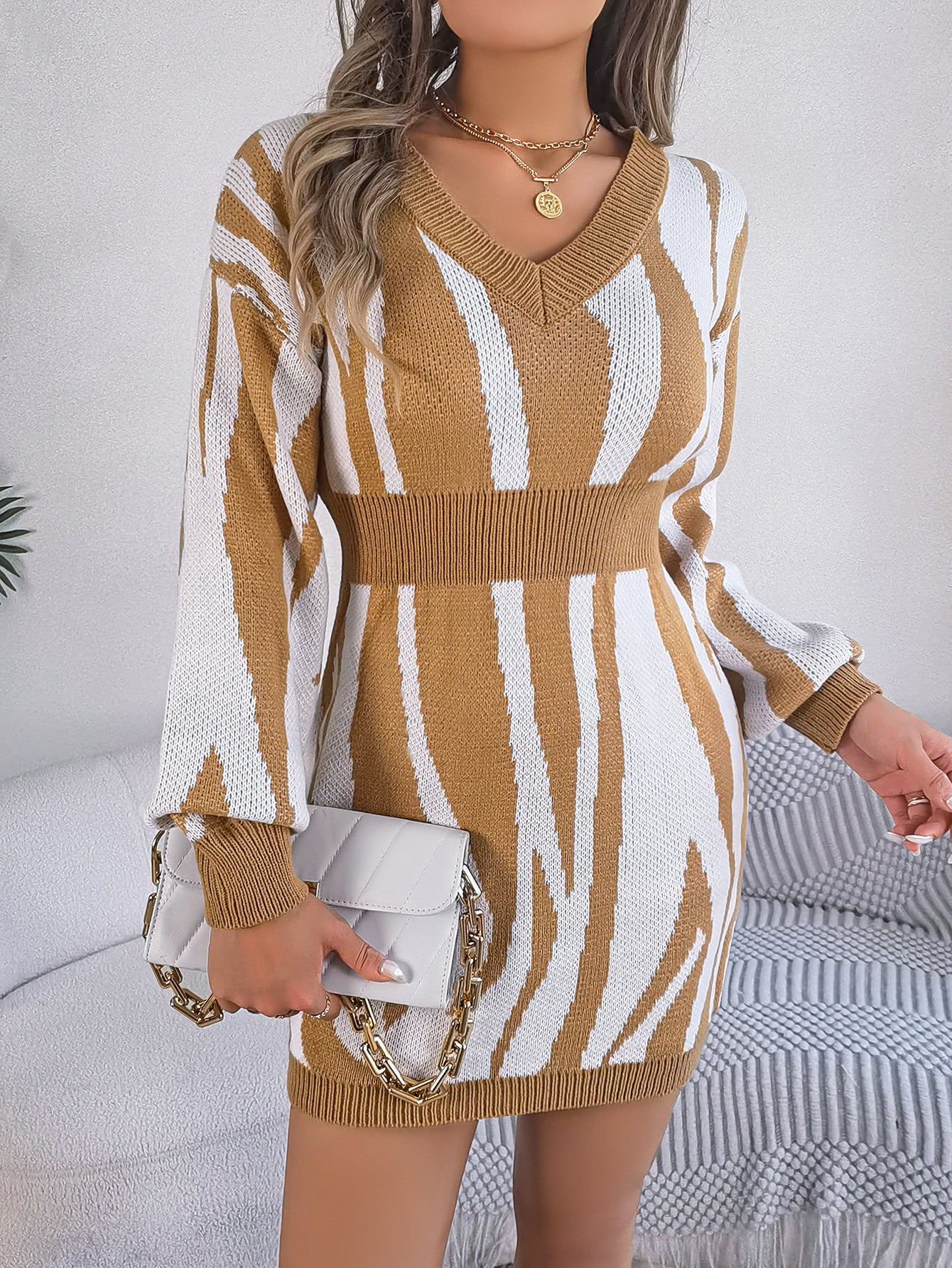 BamBam Women v-neck contrast zebra print long-sleeved Bodycon sweater dress - BamBam