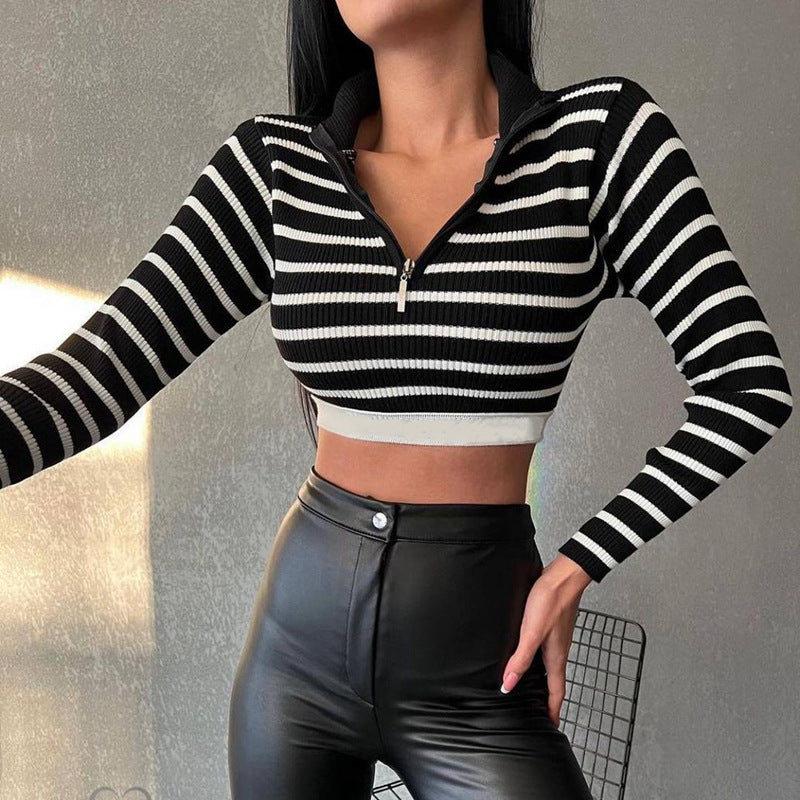 BamBam Striped Knitting Sweater Autumn Women's Long Sleeve Zipper Half Turtleneck Contrasting Color Crop Top - BamBam