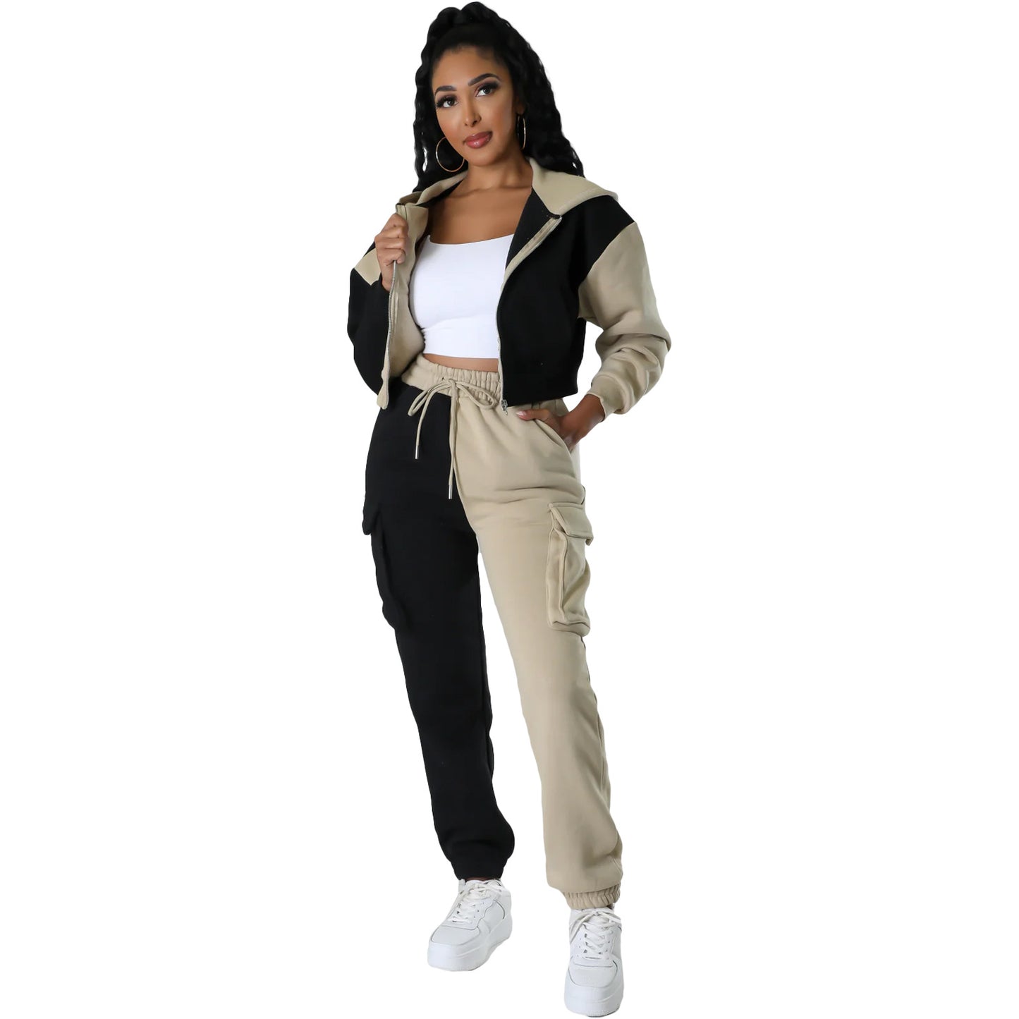 BamBam Women Colorblocked Velvet Pocket Hoodies and Pant Casual Sports Two-piece Set - BamBam