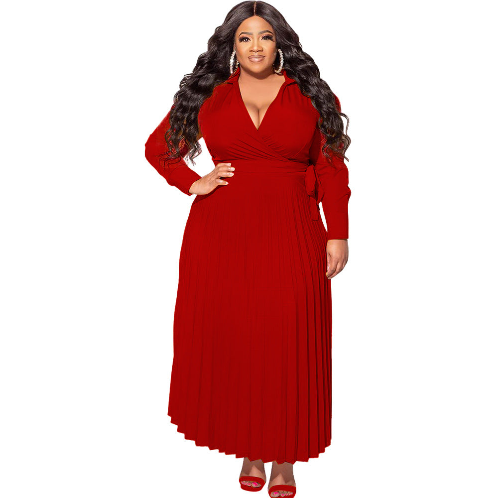 BamBam Plus Size Women V-Neck Tie Long Sleeve Pleated Skirt - BamBam