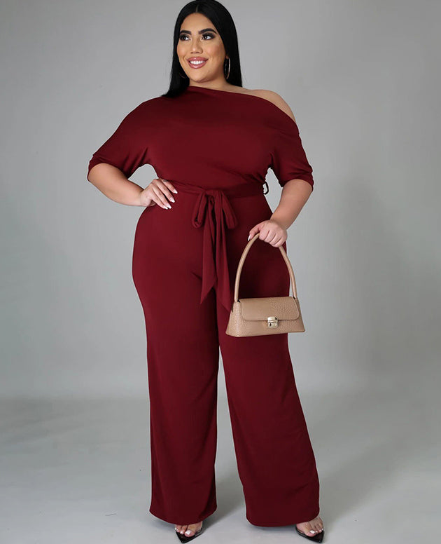 Plus Size Solid Plain Slash Shoulder Formal Jumpsuit