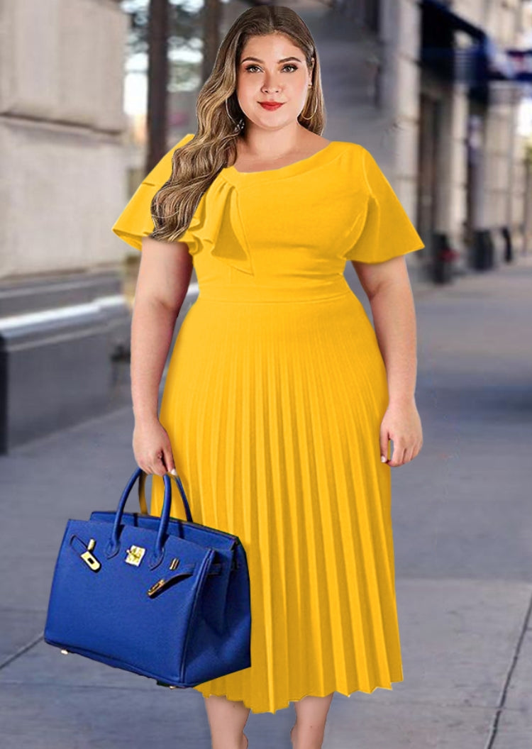 BamBam Women Summer Yellow Modest Slash Neck Short Sleeves Solid Ruffles Midi Pleated Office Dress - BamBam