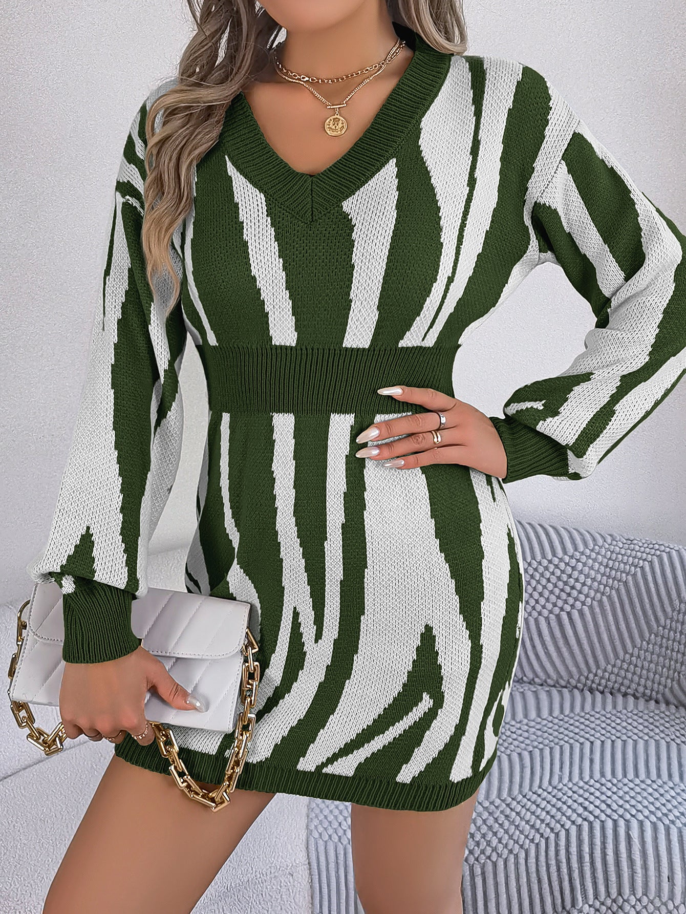 BamBam Women v-neck contrast zebra print long-sleeved Bodycon sweater dress - BamBam