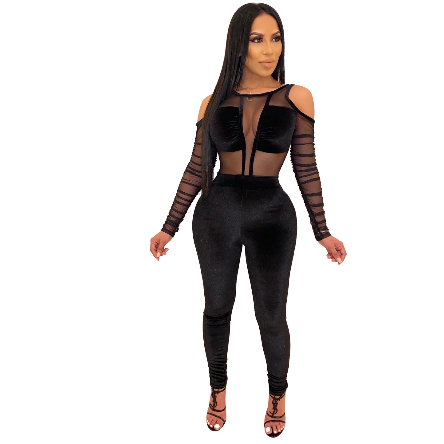 BamBam Sexy Mesh Velvet Patchwork Jumpsuit - BamBam Clothing