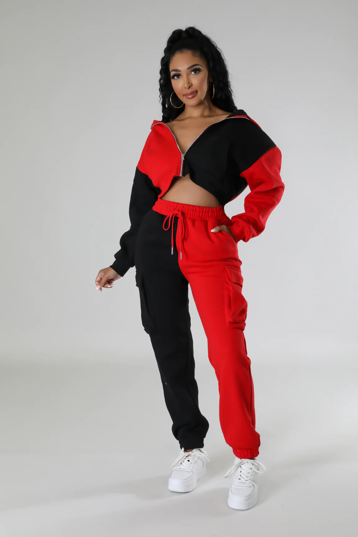 BamBam Women Colorblocked Velvet Pocket Hoodies and Pant Casual Sports Two-piece Set - BamBam