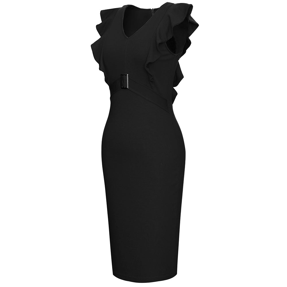 BamBam Women Fashion Sexy Chic Elegant Bodycon Professional Slim Waist Patchwork Midi Career Dress - BamBam