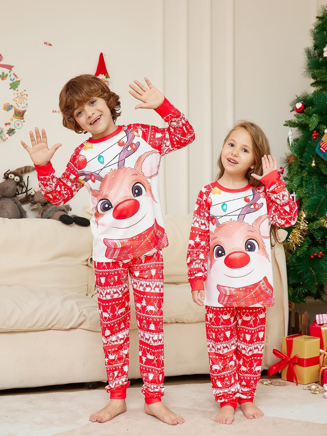 BamBam Christmas Parent-Child Home Clothes Deer Print Round Neck Long-Sleeved Pajamas Set - BamBam