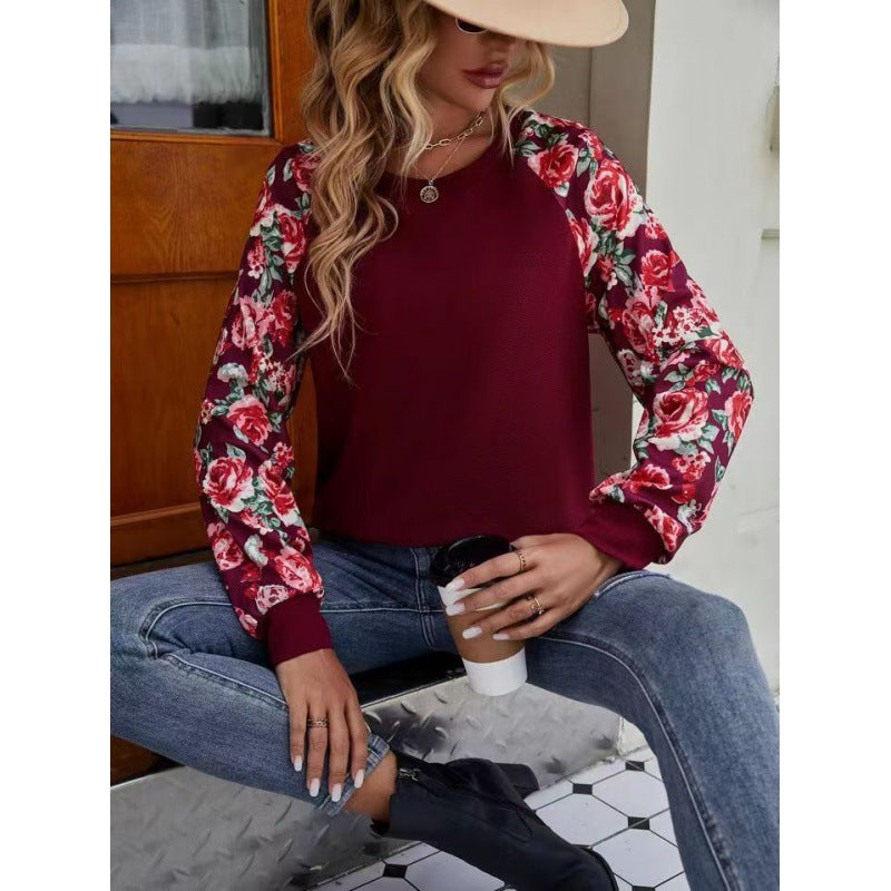 BamBam Autumn Printed Patchwork Fashionable And Versatile Casual Round Neck Long Sleeve T-Shirt Women's Clothing - BamBam