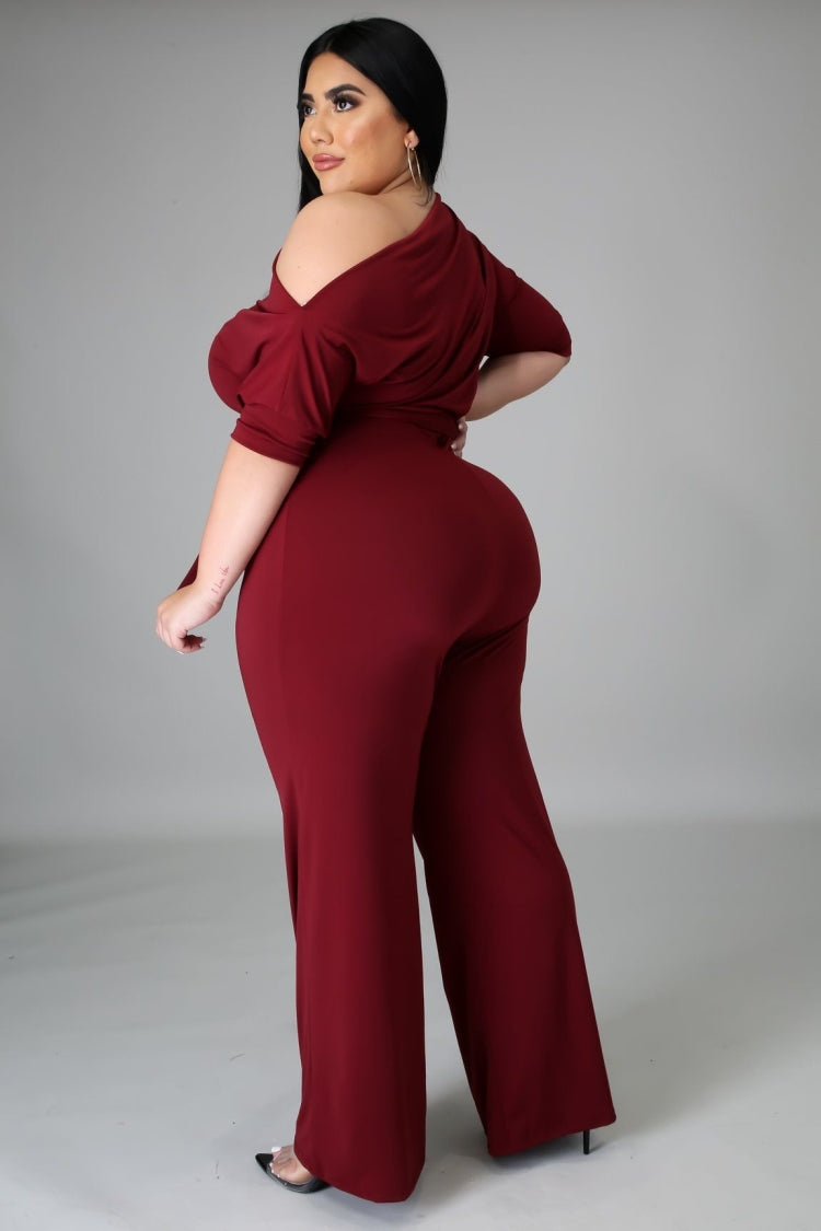 BamBam Summer Plus Size Burgunry Slash Shoulder Formal Jumpsuit - BamBam Clothing