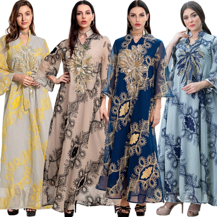 BamBam Women Spring Printed Embroidery Islamic Clothing Kaftan Abaya Muslim Dress - BamBam