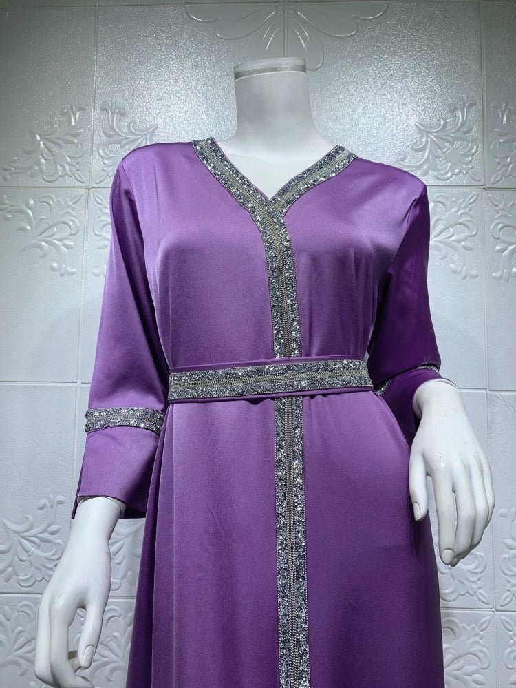 BamBam Arab Dubai Arab Middle East Turkey Morocco Islamic Clothing Kaftan Abaya Embroided Muslim Dress Purple - BamBam