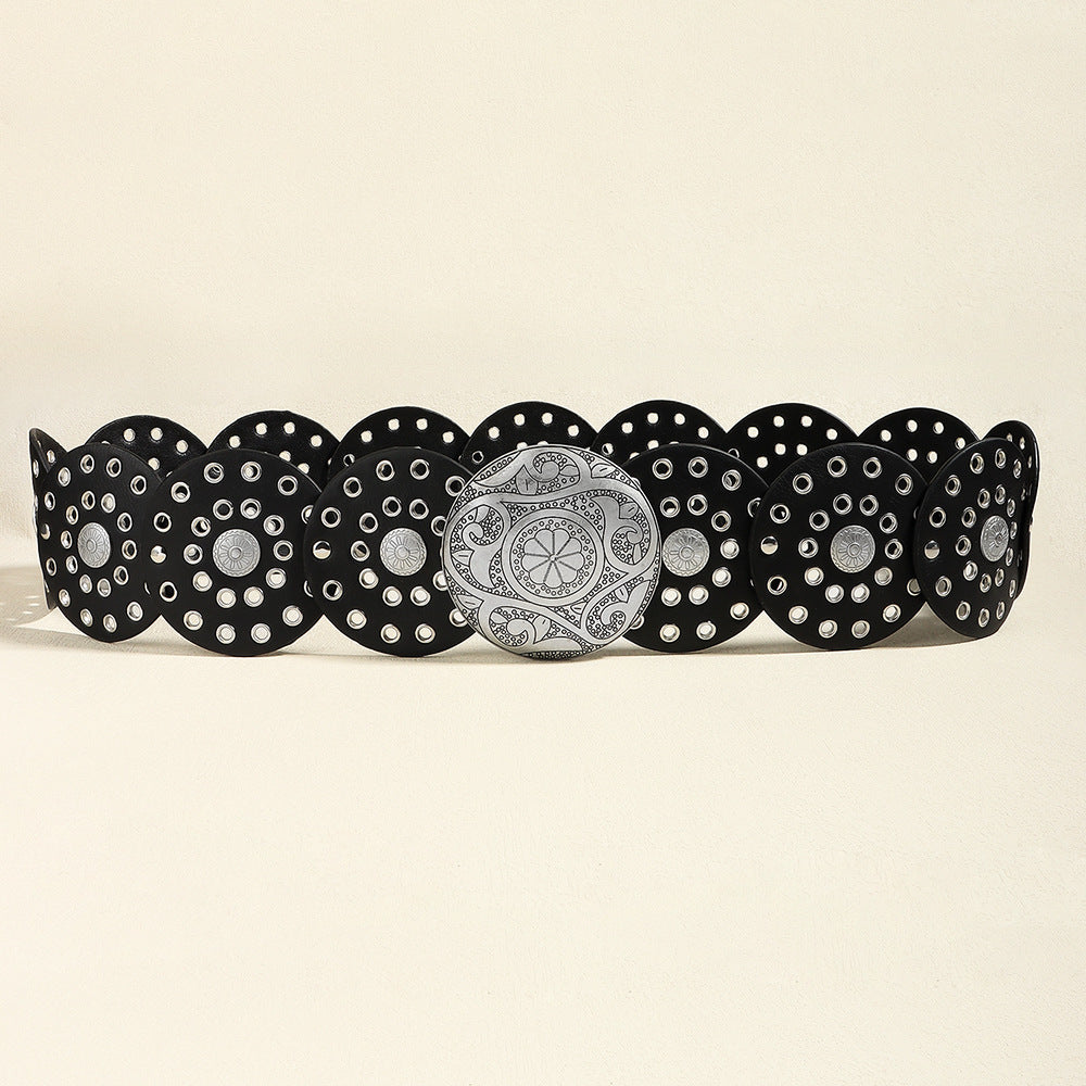 BamBam Retro Denim Western Style Belt Round Hollow Belt - BamBam