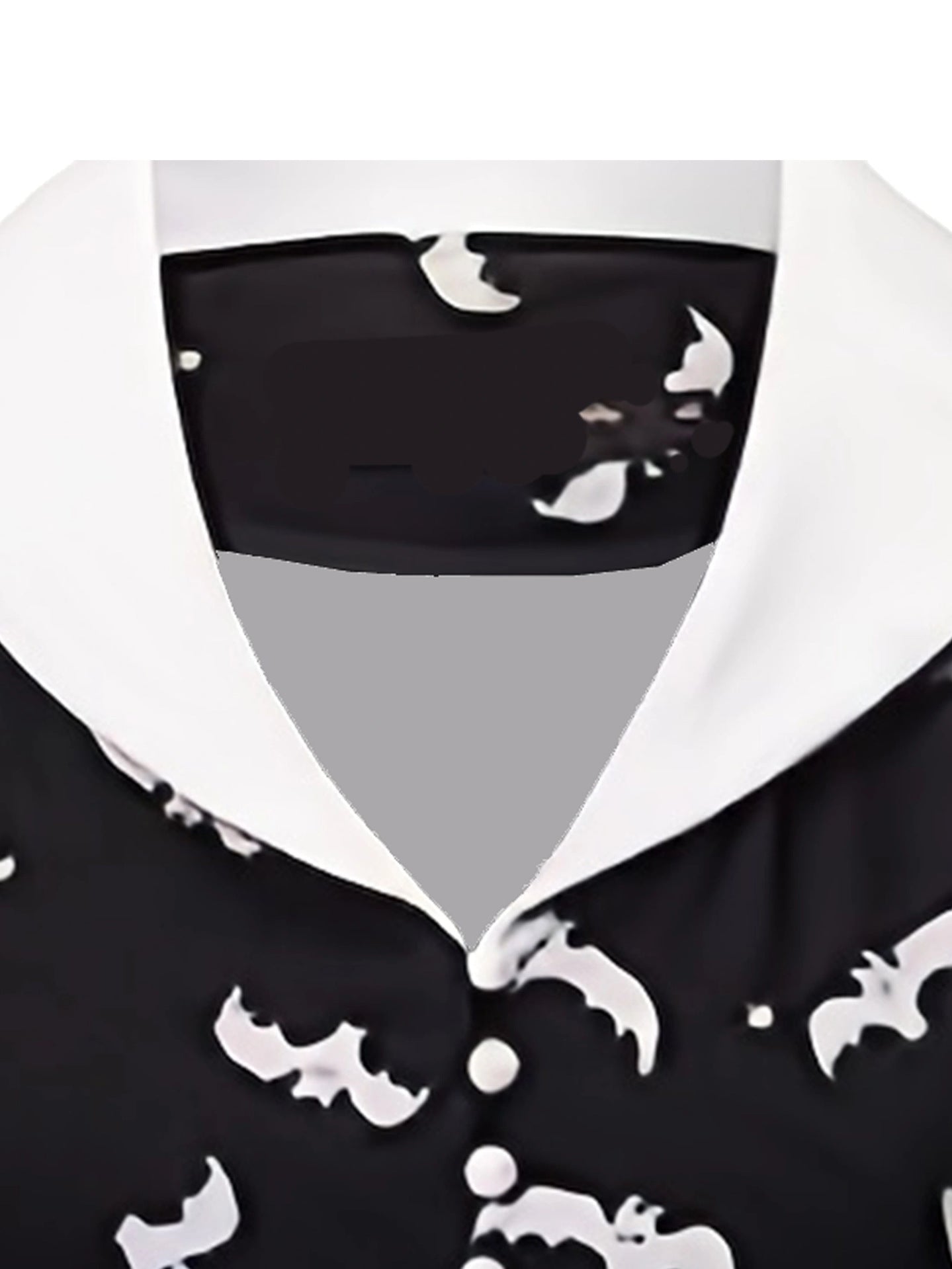 BamBam Halloween Witch Bat Print Short Sleeve Button Black And White Turndown Collar Retro A-Line Swing Dress - BamBam