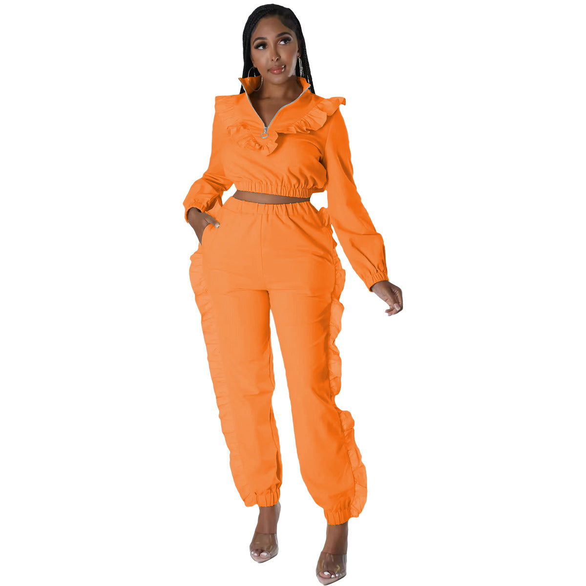 BamBam Trendy Women's Solid Color Zipper Ruffle Fashion Casual Sports Two Piece Pants Set - BamBam