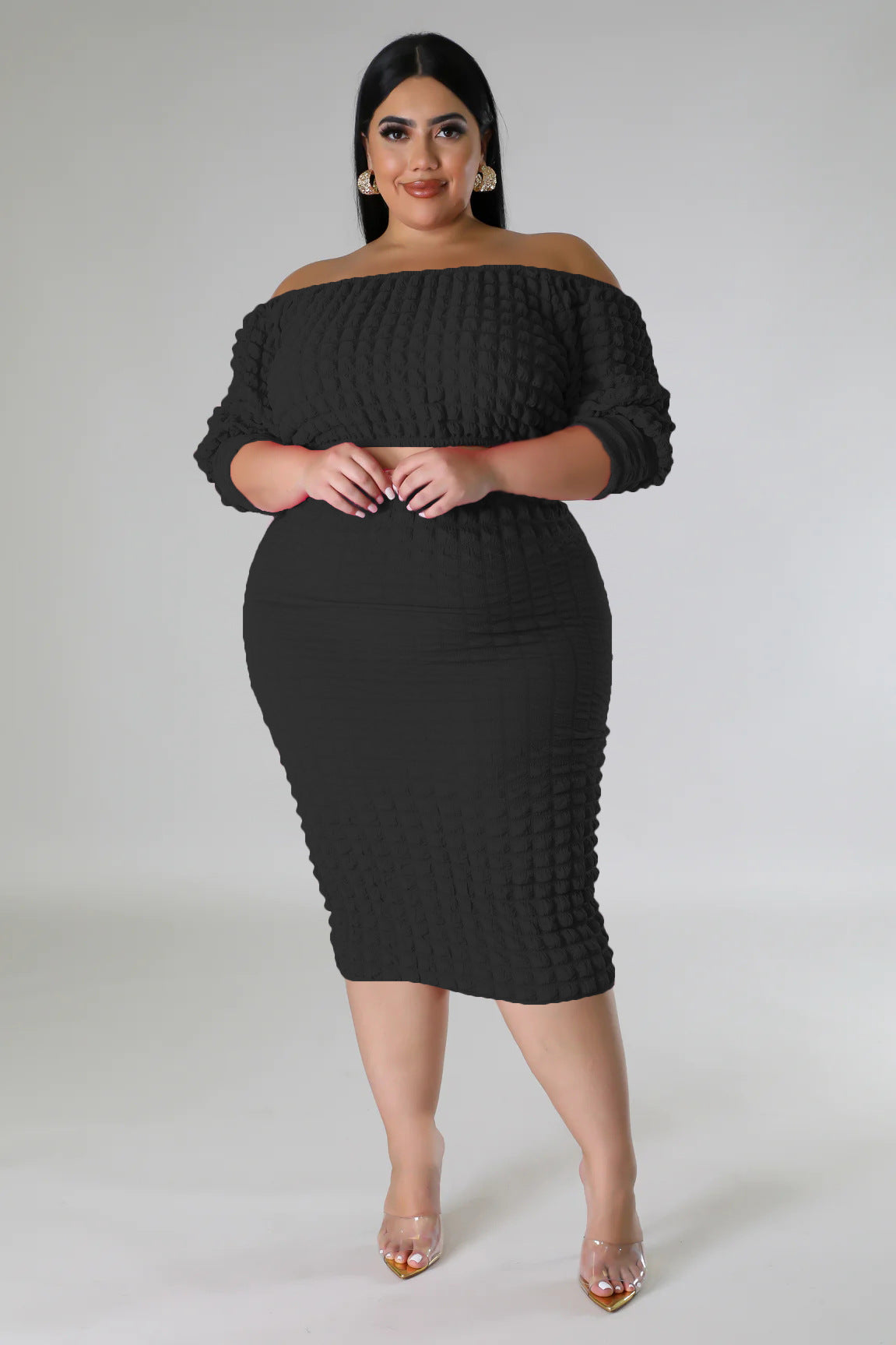 BamBam Plus Size Women's Fall Set Off Shoulder Solid Bubble Two Piece Skirt Set - BamBam
