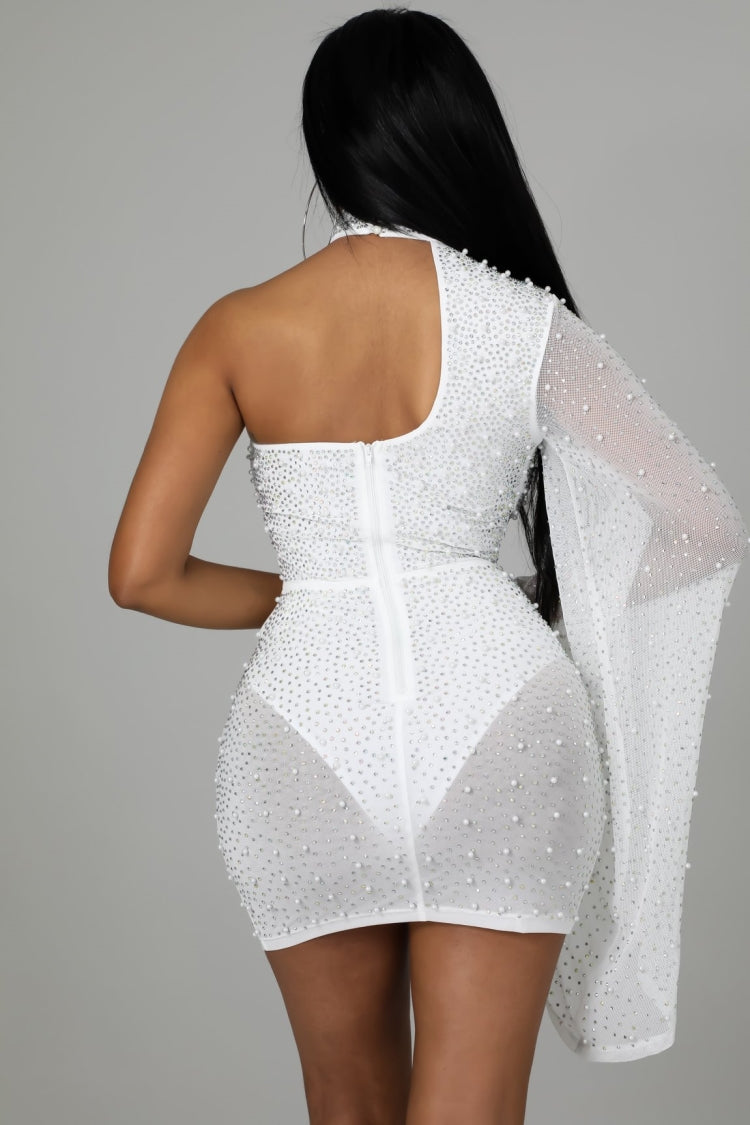 BamBam Fall Sexy White Beaded Choker One Shoulder Club Dress - BamBam Clothing Clothing