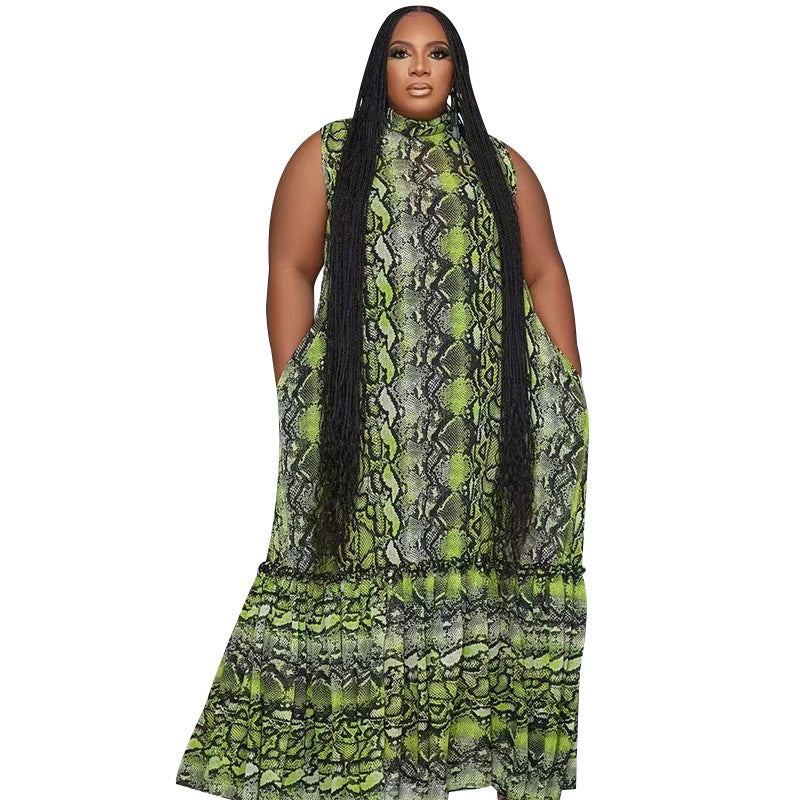 BamBam Summer Stand Collar Sleeveless Print Plus Size Women's Stylish Loose Long Dress - BamBam