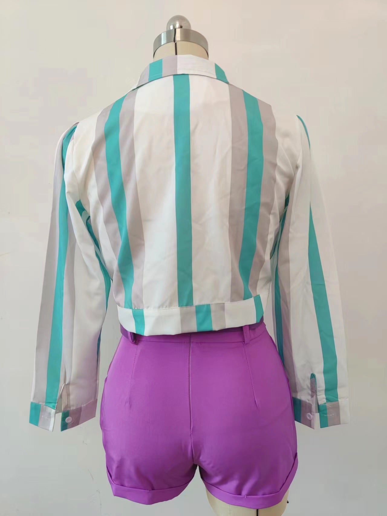 BamBam Women's Striped Digital Print Lace-Up Short Turndown Collar Shirt Shorts Two-Piece Set - BamBam