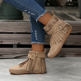 BamBam Utumn Side Zipper Short Boots For Women Double Layer Tassel Boots Women's Thangka Shoes Flat Bean Shoes - BamBam