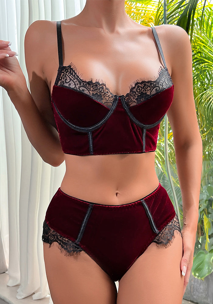 Autumn Burgunry Velvet Patchwork Lace Comfortable Sexy Lingerie Set