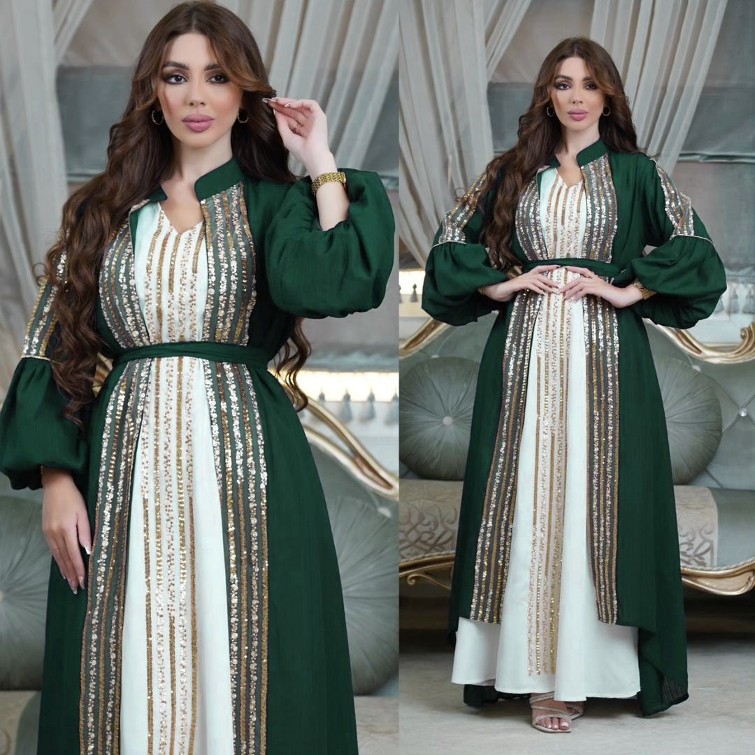 BamBam Muslim Fashion Ladies Sequin Embroidered Two-Piece Puff Sleeve Robe Dress - BamBam