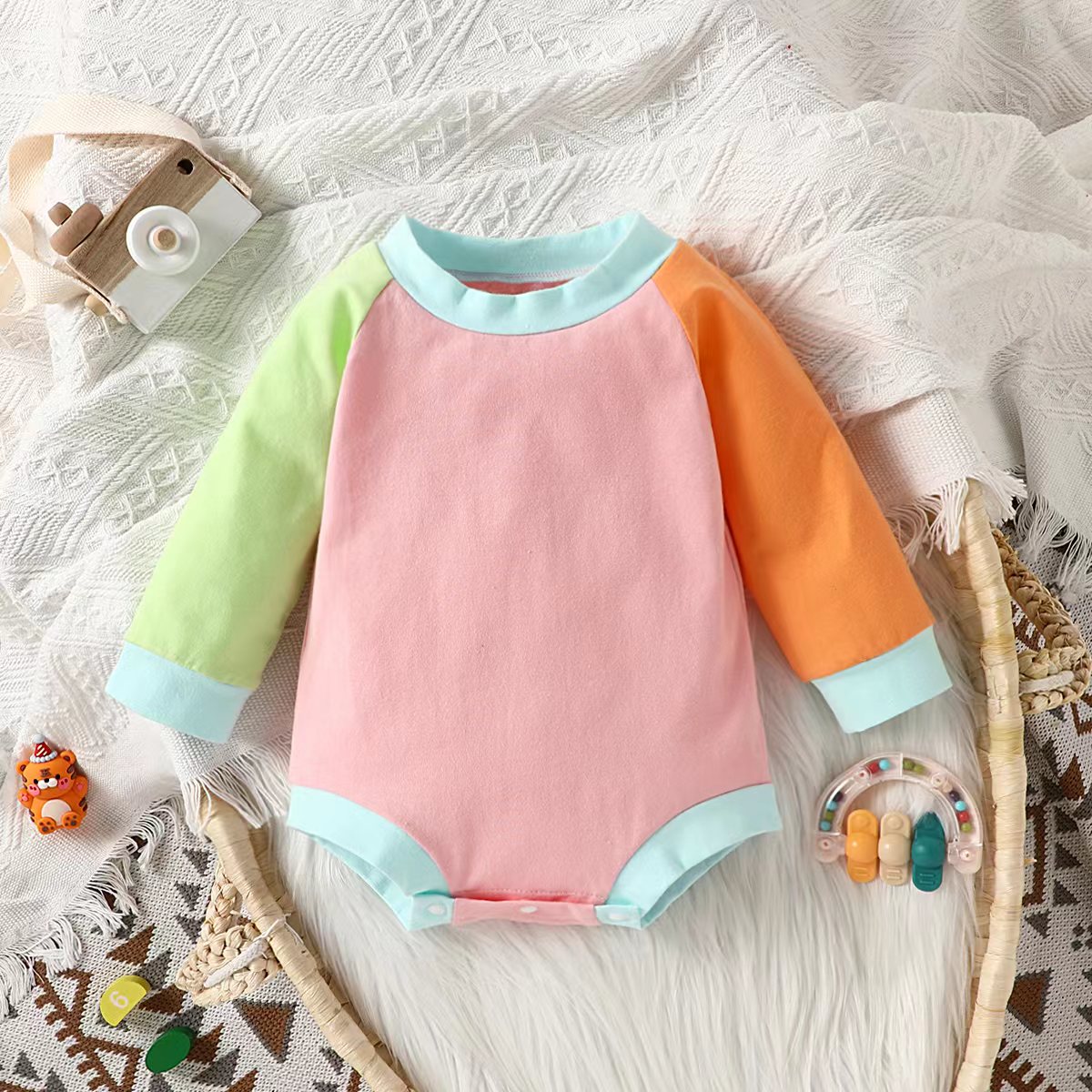 BamBam Baby Girl long sleeve color block romper - BamBam