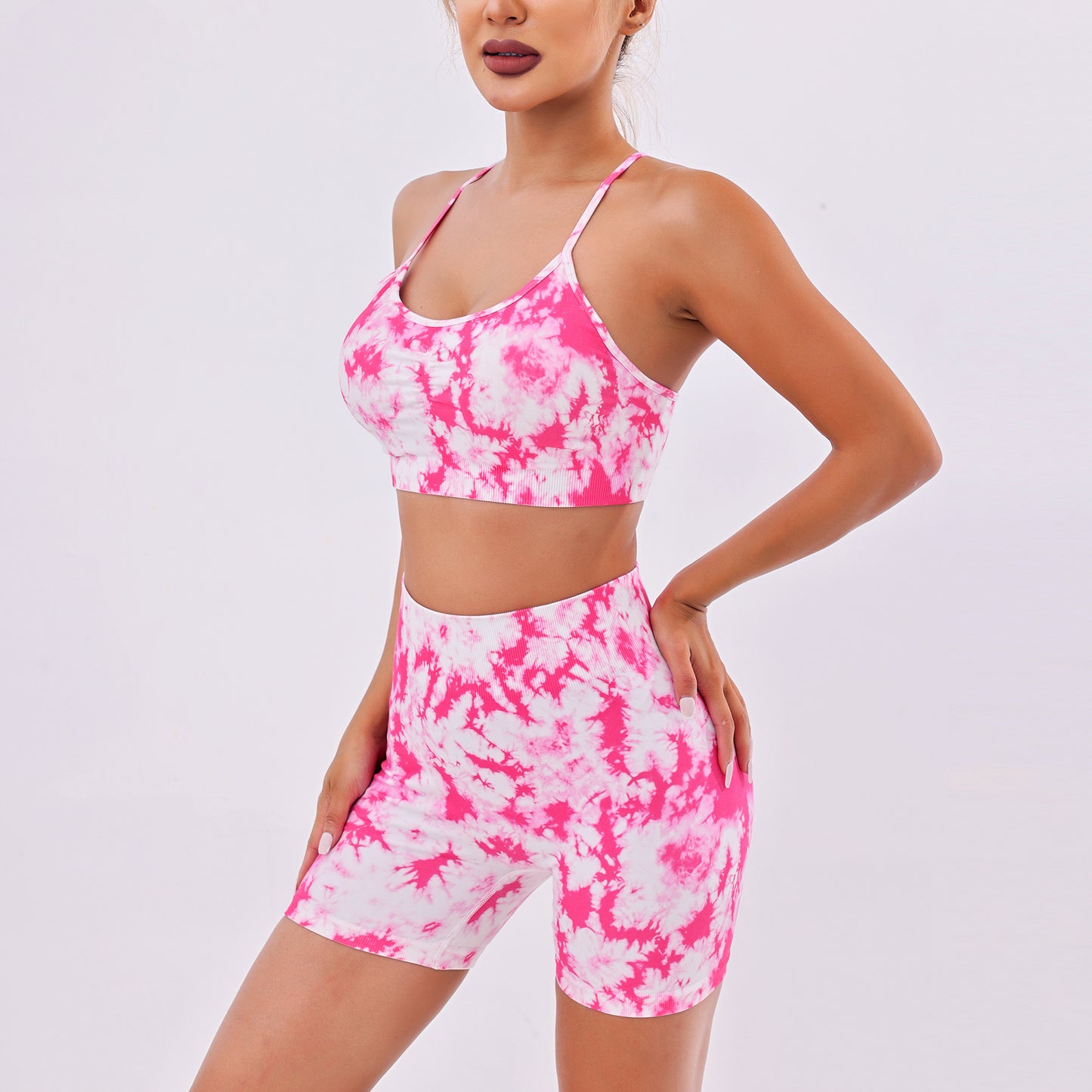 BamBam Printed Yoga Clothes Set Women Strap Yoga Bra Butt Lift High Waist Fitness Exercise Shorts - BamBam