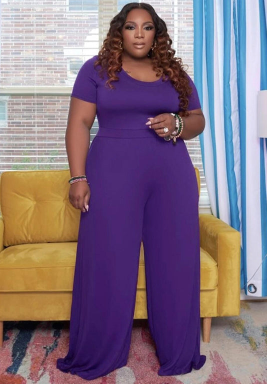 Summer Plus Size Casual Purple O Neck Loose Jumpsuit