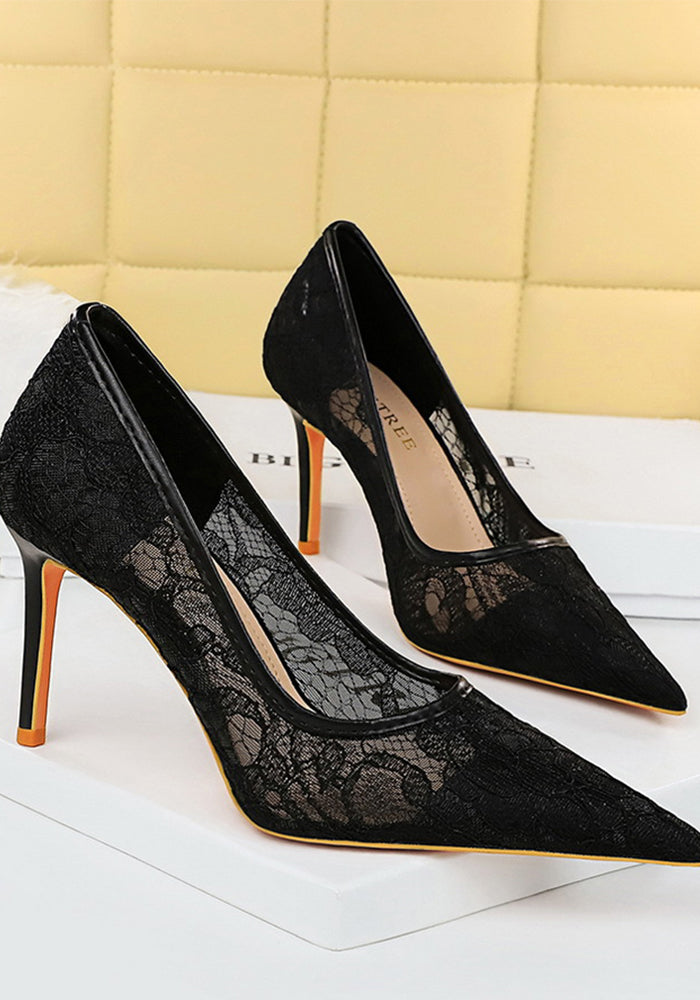 Formal Party Women's Shoes Slim Fit High Heels Pointed Toe Stiletto High Heels Mesh Hollow Lace Shoes