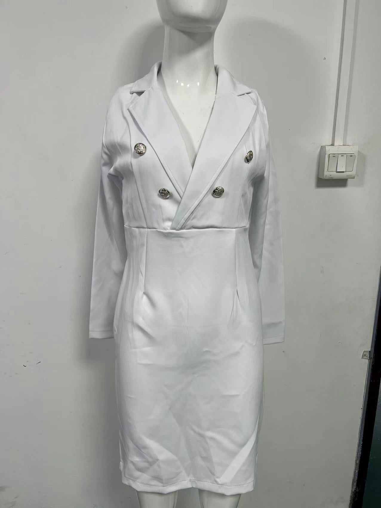BamBam Fall Elegant White V-neck Long Sleeve Professional Midi Dress - BamBam