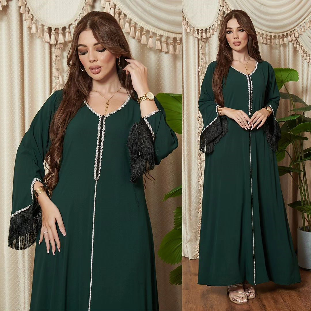 BamBam Muslim Beaded Dress Diamond Fashion Tassel Patchwork Robe Dubai Saudi Women Clothes - BamBam