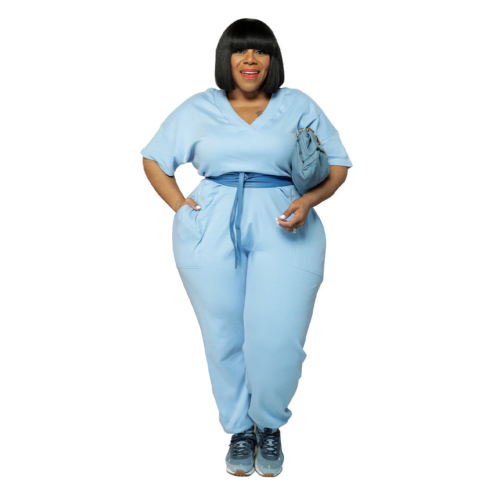 BamBam Spring Plus Size Women'S Solid Short Sleeve V-Neck Jumpsuit - BamBam Clothing