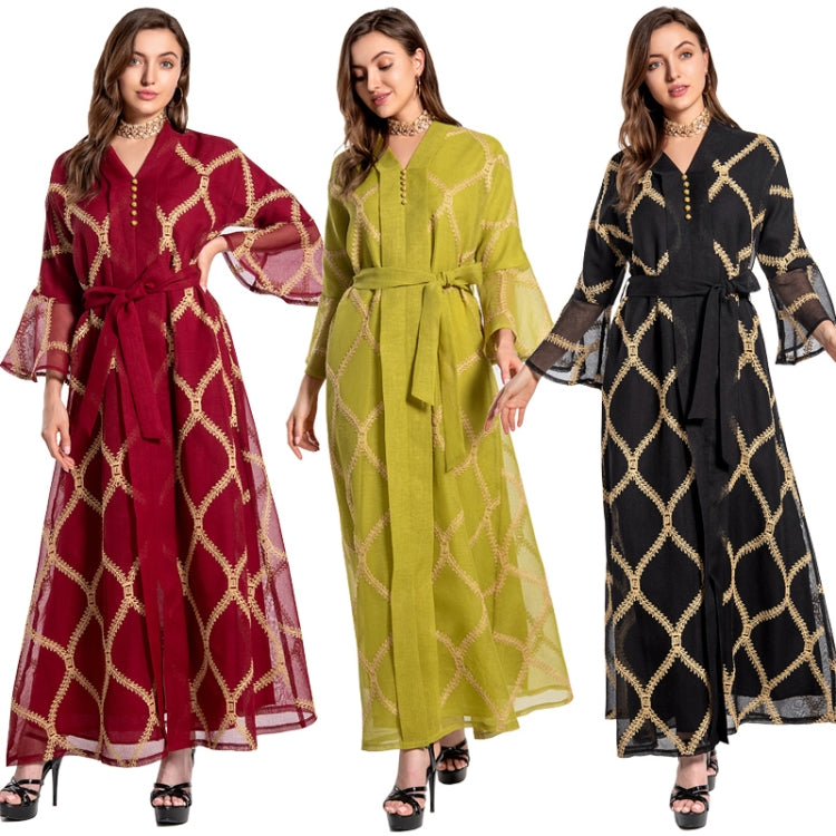 BamBam Women Summer Burgunry Arab Dubai Middle East Turkey Morocco Plaid Print Belted Islamic Clothing Kaftan Abaya Muslim Dress - BamBam