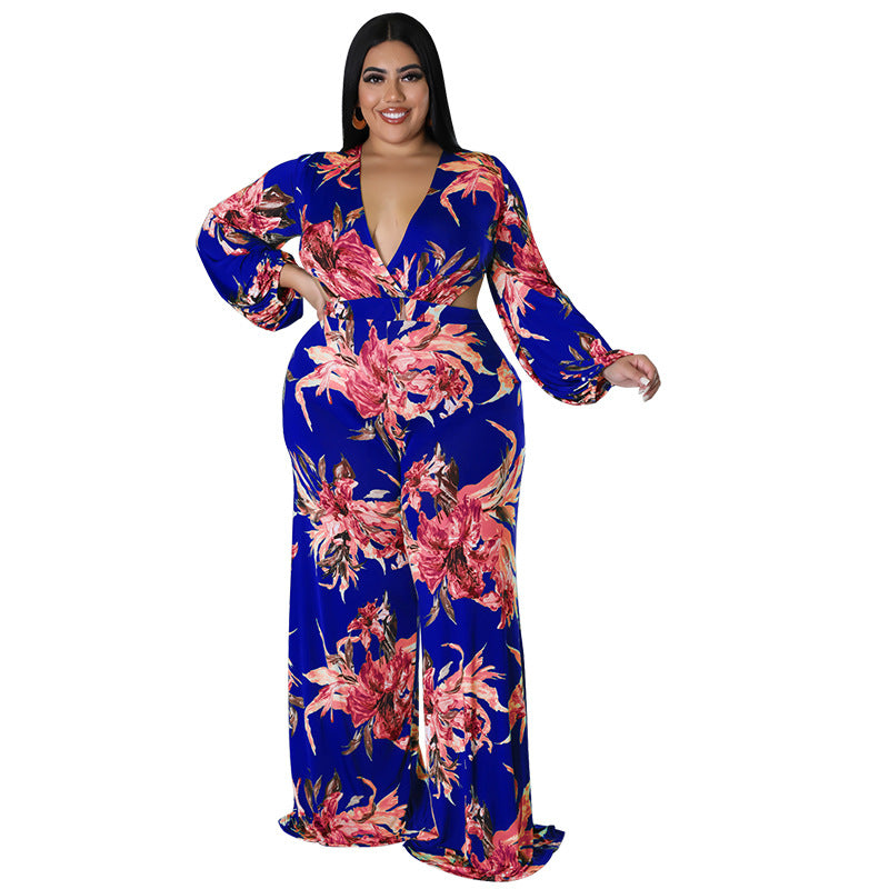 BamBam Plus Size Women's Big Flower Print Sexy Low Back Lace-Up Long Sleeve Jumpsuit - BamBam Clothing