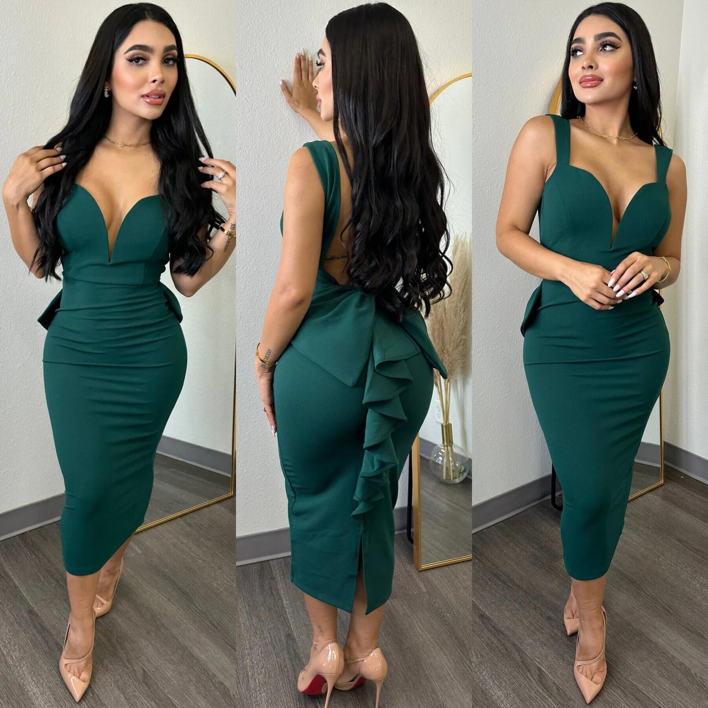 BamBam Solid Color Low Back Deep V Bow Elastic Slit Bodycon Dress - BamBam Clothing