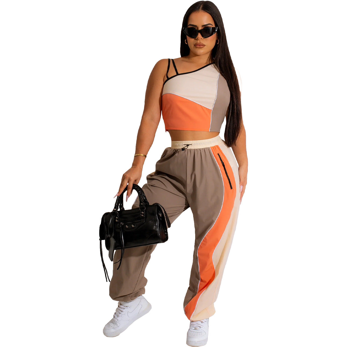 BamBam Women Fashion Color Block Slash Shoulder Sleeveless Top and Pant Casual Two-piece Set - BamBam