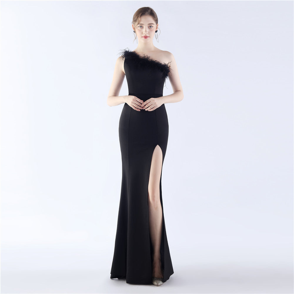 BamBam Women Ostrich Feather Slash Shoulder One Shoulder Evening Dress - BamBam Clothing