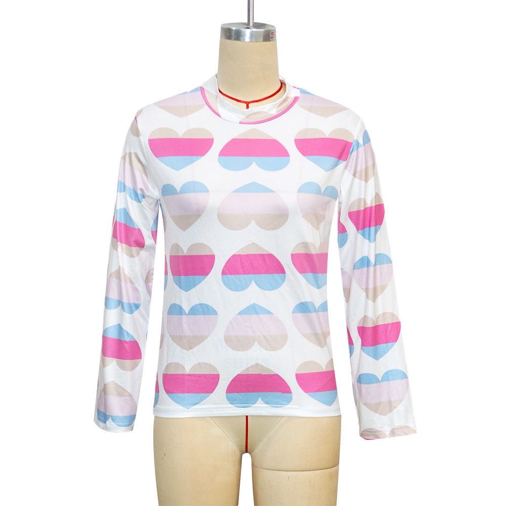 BamBam Women Color Block Heart Print Long Sleeve T-Shirt - BamBam