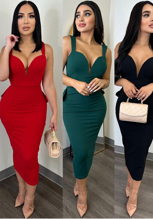 Solid Color Low Back Deep V Bow Elastic Slit Bodycon Dress