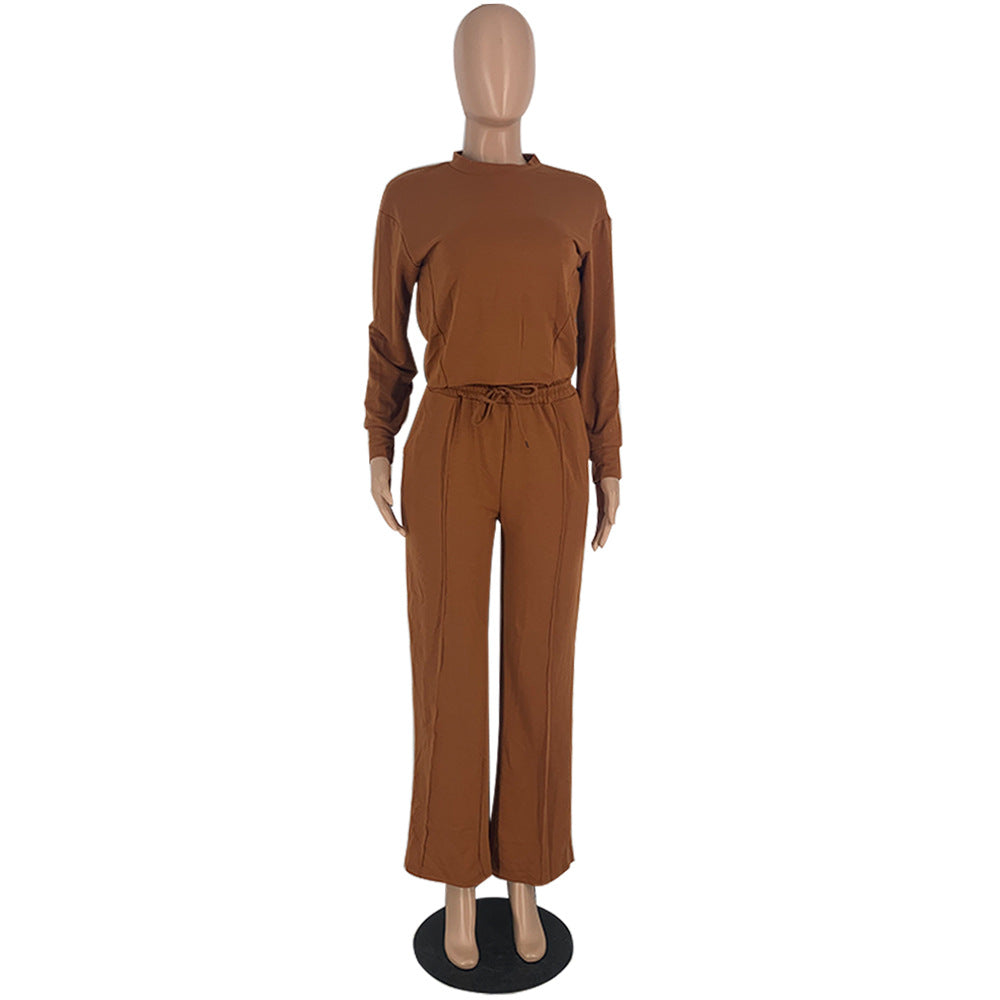 BamBam Solid Color Long Sleeve Pocket Straight Pants 2 Piece Set - BamBam