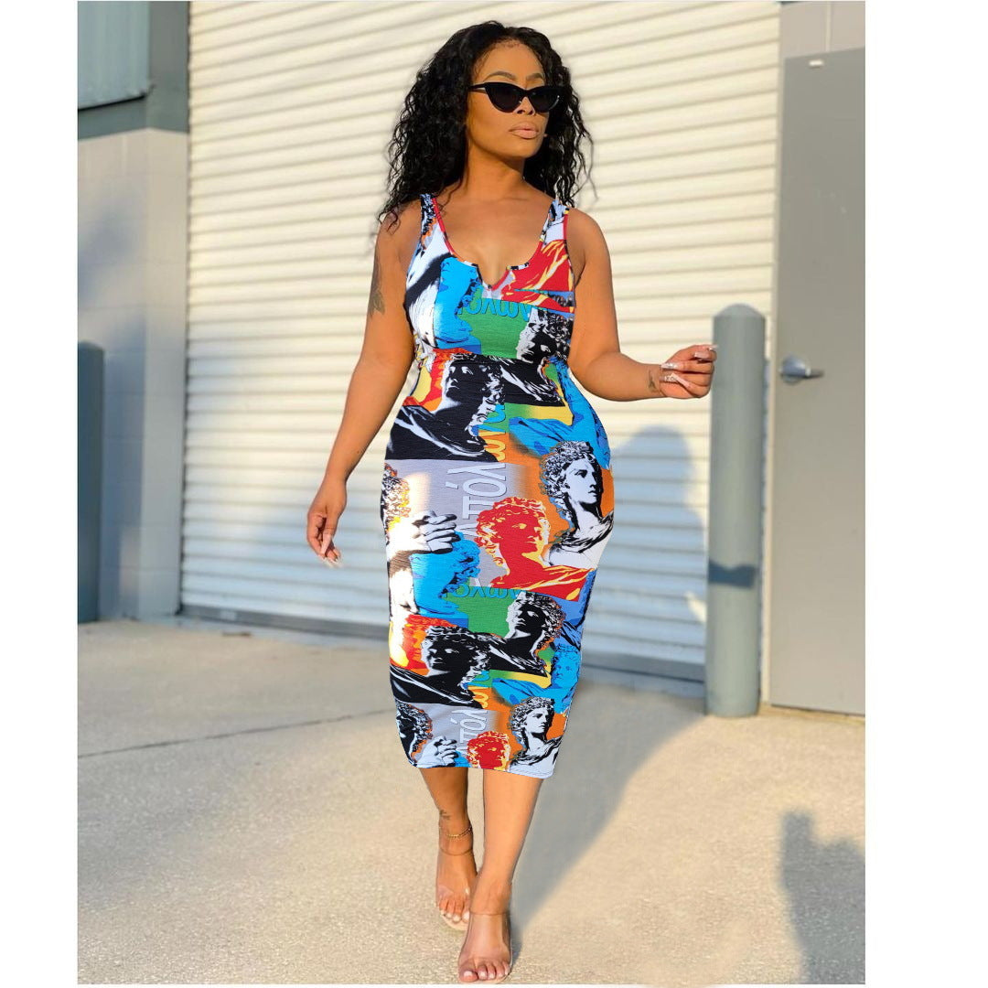 BamBam Women's Fashion Graffiti Print Sexy V-Neck Dress Summer - BamBam