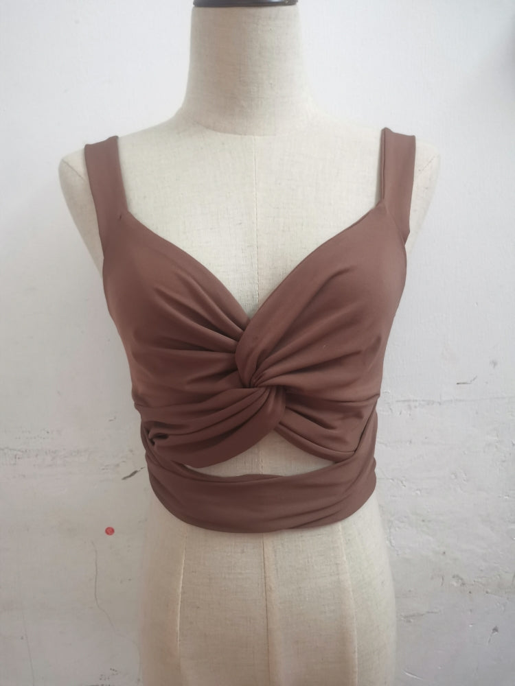 BamBam Summer Brown Sexy Twist Cut Out Strap Crop Top - BamBam