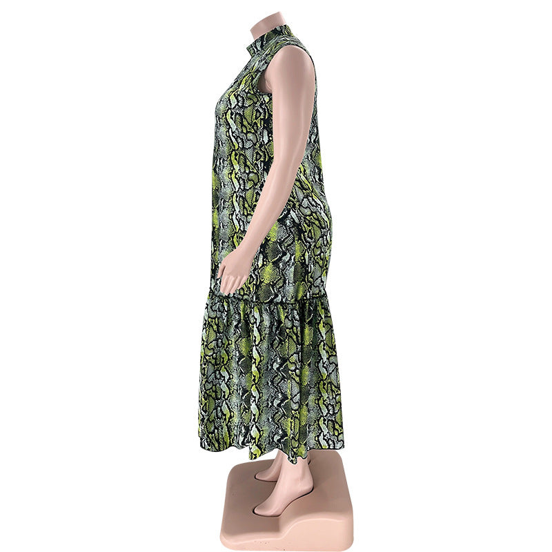 BamBam Summer Stand Collar Sleeveless Print Plus Size Women's Stylish Loose Long Dress - BamBam