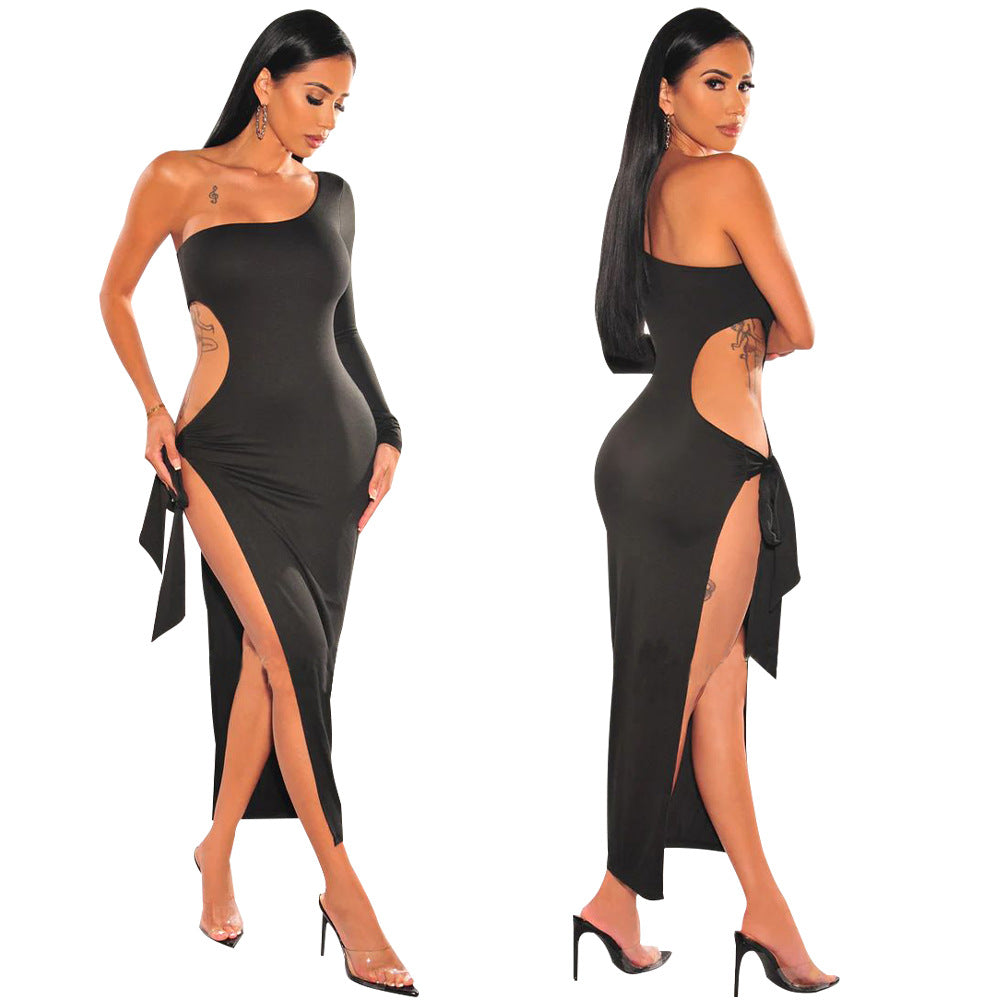 BamBam Fall Women Sexy Oblique One Shoulder Cutout Long Sleeve Lace-Up Dress - BamBam Clothing Clothing