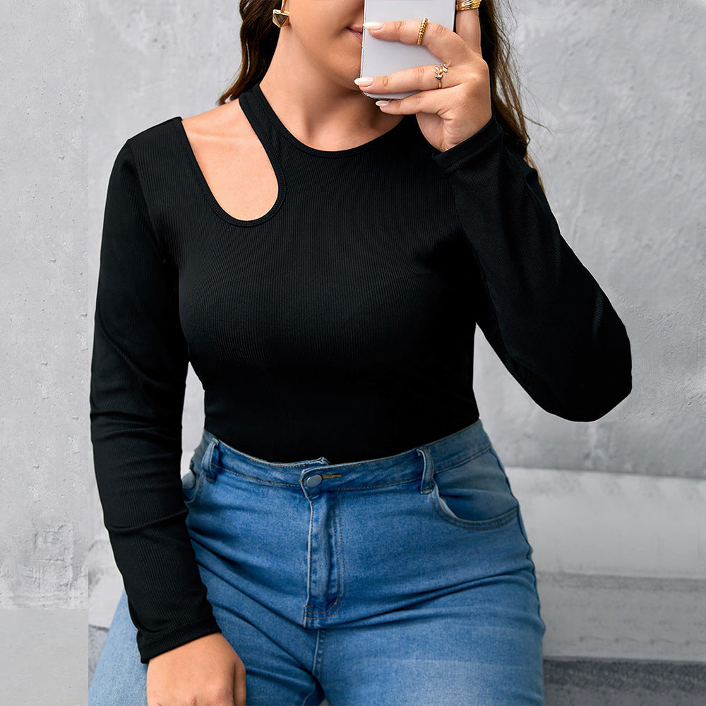 BamBam Plus Size Women's Black Ribbed Knitting Shirt Round Neck Long Sleeve Slim Fit Basics Hollow Top - BamBam