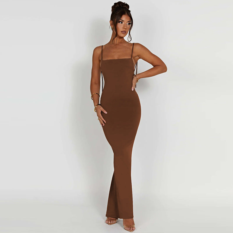 BamBam Women Summer Sexy Backless Pleated Solid Strap Dress - BamBam Clothing