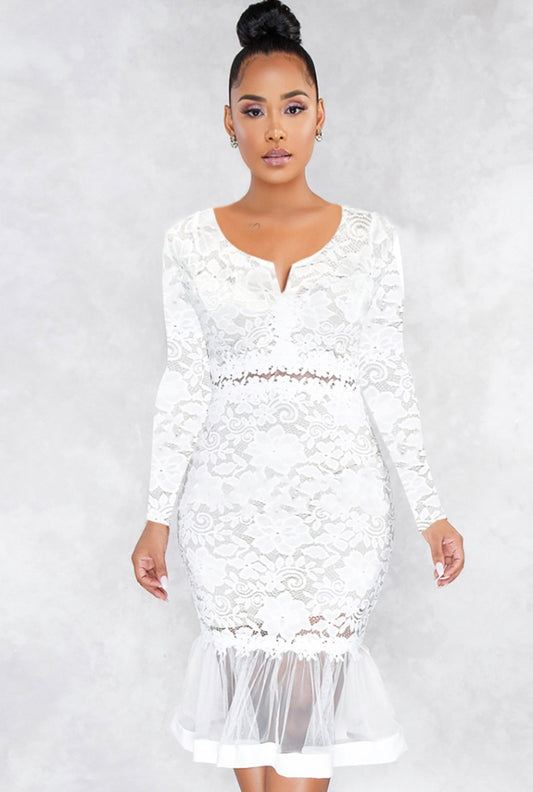 Autumn Formal White Lace Mermaid Party Dress with Full Sleeves