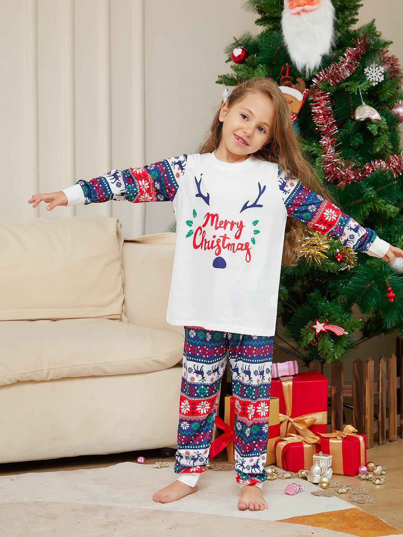 BamBam Christmas Cartoon Letter Antler Print Family Pajama Two Piece Set - BamBam